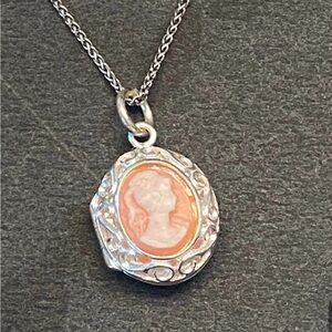 Vintage Sterling Silver Cameo Shell Locket Necklace